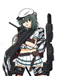  :d brown_gloves cape commentary_request crossed_arms eyepatch female gloves green_eyes green_hair hat hoshino_banchou kantai_collection kiso_(kancolle) kiso_kai_ni_(kancolle) long_hair looking_at_viewer machinery navel open_mouth photoshop_(medium) pleated_skirt school_uniform serafuku simple_background skirt smile solo white_background 