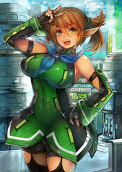  :d black_thighhighs breasts commentary_request cowboy_shot elbow_gloves female fingerless_gloves gloves green_eyes hair_between_eyes hair_ornament hairclip hand_on_own_hip harusame-r highres large_breasts long_pointy_ears open_mouth patty_(pso2) phantasy_star phantasy_star_online_2 pointy_ears shorts smile solo thighhighs twintails v 