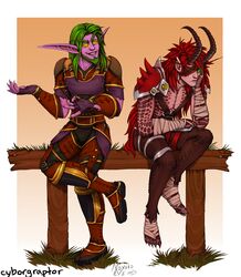  blizzard_entertainment blood_elf cyborgraptor demon_hunter duo elf green_eyes green_hair hair horn humanoid karthuro male night_elf not_furry noxoro_evesprint red_hair warcraft 