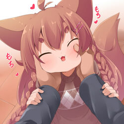  ^_^ ahoge animal_ears braid brown_hair check_commentary check_translation cheek_squash closed_eyes commentary_request facing_viewer fangs female hair_ornament hairclip heart highres long_hair makuran momiji_(makuran) open_mouth original out_of_frame pov pov_hands solo_focus tail thick_eyebrows translation_request twin_braids 