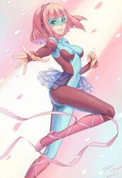  blue_skirt blunt_bangs blush bodysuit breasts brown_eyes closed_mouth commentary_request covered_navel cyber_tutu duel_monster earrings female foreshortening from_side hand_up head-mounted_display headphones jewelry knee_up leg_ribbon looking_at_viewer medium_breasts outstretched_arm petals photoshop_(medium) pink_hair pink_ribbon ribbon showgirl_skirt skirt smile solo tenjou_tsuki thighs yu-gi-oh! yu-gi-oh!_gx 