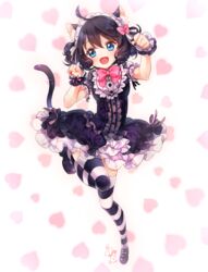  :3 :d ahoge animal_ears black_dress black_footwear black_hair black_thighhighs blue_eyes bow bowtie cat_ears cat_girl cat_tail cyan_(show_by_rock!!) dress fangs female frilled_dress frills full_body hairbow headdress heart heart_background looking_at_viewer mary_janes nail_polish open_mouth paw_pose pink_bow pink_bowtie puffy_short_sleeves puffy_sleeves red_nails ringlets shimogu shoes short_sleeves show_by_rock!! smile solo sparkle striped_clothes striped_thighhighs tail thighhighs wrist_cuffs 