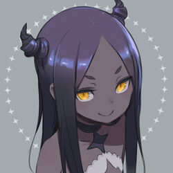  dark-skinned_female dark_skin female horns kuroboshi_kouhaku long_hair looking_at_viewer original parted_bangs purple_hair roroboshi-chan short_eyebrows simple_background smile solo upper_body very_dark_skin yellow_eyes 