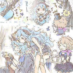  1boy 2girls animal_ears band bracer commentary_request cup drang_(granblue_fantasy) erune ferry_(granblue_fantasy) fingerless_gloves gloves granblue_fantasy guitar hat hoshikuzushi instrument long_hair mini_hat mini_top_hat multiple_girls shorts sierokarte sora_no_michishirube tea_set teacup teapot top_hat wavy_hair 