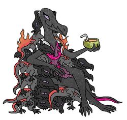  ambiguous_gender anthro bodily_fluids chair dominant dominant_female female fire furniture generation_7_pokemon group juice_(disambiguation) jwnutz nintendo pokemon pokemon_(species) reptile salandit salazzle scalie simple_background straw_(disambiguation) sweat throne white_background 