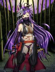  bamboo bamboo_forest breasts cleavage commentary_request covered_face covered_mouth cross-laced_clothes cross-laced_panties elbow_gloves endlessxmas expressionless female fishnet_top fishnets flower_knot forest full_moon gloves gold_trim grass grassy hair_spread_out heterochromia highres japanese_clothes katana kimono kunai long_hair looking_at_viewer mask mask_on_head medium_breasts mole mole_under_eye moon moonlight mouth_mask nature night ninja ninja_mask on_grass original panties photoshop_(medium) purple_hair purple_panties purple_sky red_eyes sengoku_taisen short_kimono sidelocks sky solo standing sword tassel toned underwear unmoving_pattern very_long_hair weapon yellow_eyes 