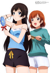  2girls absurdres aijou_karen aqua_sweater black_hair black_shorts blue_eyes blue_shirt breasts brown_eyes brown_hair brushing_another&#039;s_hair brushing_hair cleavage collarbone copyright_name cowboy_shot hand_in_own_hair hand_mirror highres holding holding_mirror kagura_hikari long_hair megami_magazine mirror multiple_girls noguchi_takayuki off_shoulder official_art ribbon scan shirt short_hair short_shorts shorts shoujo_kageki_revue_starlight simple_background sleeveless sleeveless_shirt small_breasts standing sweater swept_bangs very_long_hair white_background white_shorts yellow_ribbon 