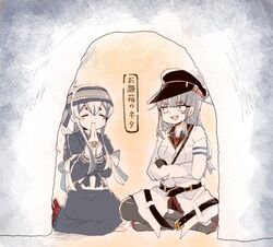  2girls ainu_clothes bad_id bad_twitter_id belt black_pantyhose blue_hair blush boots breasts brown_gloves closed_eyes dress eating food full_body gangut_(kancolle) gloves grey_hair hair_between_eyes hat headband indian_style itomugi-kun jacket kamoi_(kancolle) kantai_collection large_breasts long_hair looking_at_another medium_breasts military military_uniform mochi multicolored_hair multiple_girls naval_uniform oktyabrskaya_revolyutsiya_(kancolle) open_mouth pantyhose peaked_cap ponytail quinzhee red_shirt seiza shirt shoes simple_background sitting snow_shelter translation_request uniform wagashi wavy_mouth white_hair 