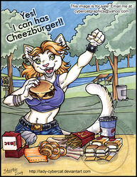  2009 anthro beverage big_breasts big_mac_(burger) breasts burger cybercat detailed_background deviantart domestic_cat eating english_text fast_food felid feline felis female food fries holding_food holding_object humor i_can_has_cheezburger? lolcats mammal mcdonald&#039;s meme onion_rings outside park plant river soda solo text traditional_media_(artwork) tree url watermark yahoo! 