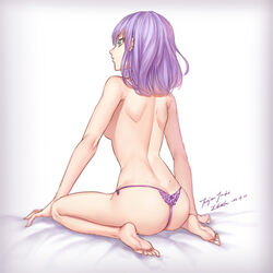  artist_name ass barefoot bed_sheet breasts closed_mouth commentary_request dated dimples_of_venus female from_behind full_body green_eyes medium_breasts original panties photoshop_(medium) profile purple_hair purple_panties shoulder_blades signature sitting solo tenjou_tsuki thong topless underwear wariza 