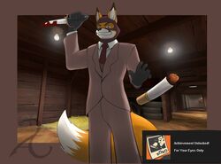  5_fingers achievement achievement_overlay achievement_unlocked anthro backlighting balaclava black_ear_tips black_nose blood blood_on_weapon bodily_fluids bottomwear brown_body brown_fur canid canine cigarette clothed clothing cosplay dipstick_ears dipstick_tail dress_shirt ear_markings english_text fingers fox front_view fully_clothed fur gloves handwear holding_object holding_weapon inside jacket knife light lighting looking_at_viewer male mammal markings mask multicolored_ears multicolored_tail necktie neosavias orange_body orange_fur overlay pants raised_arm reverse_grip shirt smile solo spy_(team_fortress_2) standing steam_(software) steam_overlay tail tail_markings team_fortress_2 teeth text tire topwear valve weapon white_body white_fur 