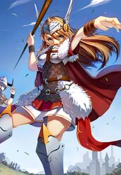  armor blue_eyes boots brown_hair brynhildr_(mythology) commentary_request crazyodin female highres long_hair moeru!_jiten moeru!_senjou_no_otome_jiten norse_mythology official_art solo_focus thigh_boots thighhighs valkyrie weapon 