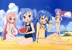  beach bikini glasses hiiragi_kagami izumi_konata lucky_star matsushima_maimu megami miyakawa-ke_no_kuufuku miyakawa_hikage miyakawa_hinata school_swimsuit swimsuit 