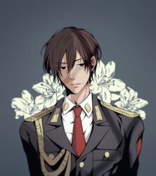  1boy acca_13-ku_kansatsu-ka bad_id bad_pixiv_id black_eyes brown_hair delight_hsia flower grey_background highres lilium_(acca) lily_(flower) male_focus military military_uniform necktie simple_background solo uniform upper_body 