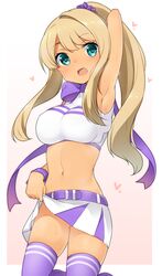  alessandra_susu alternate_hairstyle arm_up armpits bad_id bad_pixiv_id belt blonde_hair blue_eyes blush bow breasts cheerleader clothes_lift cocoro_magical female heart heart-shaped_pupils large_breasts long_hair looking_at_viewer midriff navel nekoume open_mouth ponytail purple_thighhighs ribbon skirt skirt_lift smile solo sweat symbol-shaped_pupils thighhighs tokyo_7th_sisters 