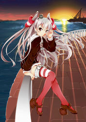  amatsukaze_(kancolle) commentary_request female garter_straps hat highres kantai_collection long_hair looking_at_viewer mini_hat ocean outdoors photoshop_(medium) railing reflection sitting solo sunlight sunset thighhighs two_side_up very_long_hair water wind yuu_(oosakazaijyuu) 