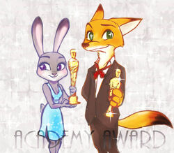  2017 abstract_background academy_awards anthro award black_tie_(suit) canid canine clothed clothing dipstick_ears dipstick_tail disney dress duo ear_markings european_rabbit female fox fur green_eyes holding_award holding_object holding_oscar_statuette judy_hopps lagomorph leporid looking_away male mammal markings multicolored_ears multicolored_tail necktie nick_wilde oryctolagus oscar_statuette purple_eyes rabbit red_fox size_difference smile suit tail tail_markings true_fox velloriel zootopia 