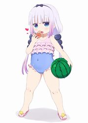  beads blue_eyes casual_one-piece_swimsuit commentary_request covered_navel crab female food frilled_one-piece_swimsuit frills fruit full_body hair_beads hair_ornament hairband hiro_hiroki kanna_kamui kobayashi-san_chi_no_maidragon light_purple_hair long_hair low_twintails one-piece_swimsuit pink_hair purple_one-piece_swimsuit sandals simple_background solo standing swimsuit twintails watermelon white_background 