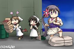  3girls :d akebono_(kancolle) akebono_(new_year_mode)_(kancolle) apron bell black_hair brown_eyes brown_hair choukai_(kancolle) commentary_request flower hair_bell hair_flower hair_ornament hamu_koutarou japanese_clothes jingle_bell kantai_collection kimono long_hair multiple_girls mutsu_(kancolle) mutsu_(snail) official_alternate_costume open_mouth purple_eyes purple_hair short_hair short_kimono side_ponytail smile tasuki tripping 