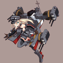  ankle_boots bare_shoulders bismarck_(kancolle) blonde_hair blue_eyes boots breasts brown_background brown_gloves commentary_request detached_sleeves female full_body gloves grey_footwear hat kantai_collection large_breasts leg_up long_hair looking_at_viewer machinery military military_hat military_uniform peaked_cap photoshop_(medium) red_thighhighs sideboob simple_background solo thighhighs tokino uniform 