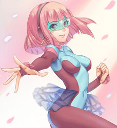  blue_skirt blunt_bangs blush bodysuit breasts brown_eyes closed_mouth covered_navel cyber_tutu duel_monster earrings female foreshortening from_side hand_up headphones jewelry knee_up looking_at_viewer medium_breasts outstretched_arm petals photoshop_(medium) pink_hair showgirl_skirt skirt smile solo tenjou_tsuki thighs visor yu-gi-oh! yu-gi-oh!_gx 