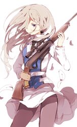  arashigaoka_academy_school_uniform bad_id bad_pixiv_id female grey_hair gun hiiragi_fuyuki long_hair pantyhose purple_eyes rifle school_uniform scope shotgun solo tsubaki_kureha weapon yuri_kuma_arashi 