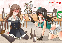  3girls alcohol arashio_(kancolle) bare_shoulders beret black_gloves black_hair bottle brown_hair choukai_(kancolle) commentary_request detached_sleeves dress drinking drunk glasses gloves hair_ornament hairband hairclip haruna_(kancolle) hat headgear highres japanese_clothes kantai_collection long_hair midriff mini_hat moritaku0708 multiple_girls nontraditional_miko open_mouth pantyhose pinafore_dress pleated_skirt red_eyes remodel_(kantai_collection) ribbon-trimmed_sleeves ribbon_trim rimless_eyewear sake sake_bottle school_uniform serafuku skirt sleeveless sleeveless_dress wide_sleeves 