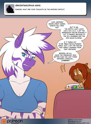  anthro ask_blog blue_eyes breasts conditional_dnp crossed_arms dialogue dialogue_box diamond_(kadath) digital_media_(artwork) ear_piercing electronics english_text equid equine exclamation_point eyelashes female fur furniture game_console giraffe giraffid group hair horn kadath mammal nintendo ossicone patreon patreon_logo piercing purple_stripes puzzle_(kadath) question simple_background sofa speech_bubble stripes teeth text tumblr url user_avatar website_logo white_body white_fur wii_u zebra 