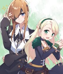  2girls :d blonde_hair blue_eyes capelet choker commentary_request dress eyepatch fate/grand_order fate_(series) fingers_together gerda_(fate) green_eyes hairband light_brown_hair long_hair multiple_girls open_mouth ophelia_phamrsolone sleeves_past_wrists smile sparkle tsuezu 