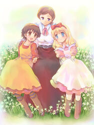  3girls :d age_difference ankle_boots annie_harding bad_id bad_pixiv_id belt blonde_hair blue_eyes boots bow brown_footwear brown_hair commentary_request dress field flower flower_field full_body grass hairband hand_on_another&#039;s_shoulder highres hizukiryou josephine_march long_skirt margaret_brooke multiple_girls open_mouth pantyhose photoshop_(medium) red_bow red_skirt retro_artstyle short_hair sitting skirt smile striped_clothes striped_pantyhose very_short_hair wakakusa_monogatari_nan_to_jou_sensei white_dress yellow_dress 