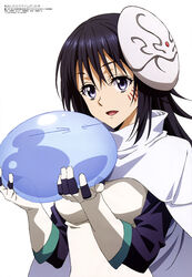  1other :d absurdres black_hair black_sleeves blue_eyes breasts cape creature facial_mark female gloves grey_gloves grey_shirt hair_between_eyes highres holding izawa_shizue long_hair looking_at_viewer magazine_scan mask mask_on_head medium_breasts megami_magazine official_art open_mouth rimuru_tempest rimuru_tempest_(slime) scan shirt simple_background slime_(creature) smile tensei_shitara_slime_datta_ken tongue white_background white_cape yano_akane 