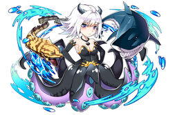  bad_id bad_pixiv_id bare_shoulders black_gloves breasts cleavage ddoalo dragon_egg eel elbow_gloves female frown full_body gloves hands_on_own_hips highres horns jewelry looking_at_viewer medium_breasts monster_girl necklace open_mouth photoshop_(medium) purple_eyes scylla shark short_hair solo tentacle water white_hair 