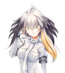  between_breasts black_hair breasts closed_mouth commentary_request female fingerless_gloves gloves grey_hair grey_shirt head_wings ina_(urobronai) kemono_friends long_hair looking_at_viewer multicolored_hair necktie necktie_between_breasts orange_hair photoshop_(medium) shirt shoebill_(kemono_friends) short_hair_with_long_locks sidelocks smile solo upper_body white_background wings yellow_eyes 