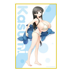  :d armpits barefoot bikini bikini_skirt black_hair blush bow breasts character_name covered_nipples female frilled_bikini frills gigantic_breasts green_eyes hairbow iwato_kasumi kobayashi_ritz long_hair looking_at_viewer low-tied_long_hair merchandise_available official_art open_mouth saki_(manga) skindentation smile solo standing stuffed_animal stuffed_dolphin stuffed_toy swimsuit underboob yellow_bikini 
