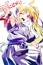  ahoge armpit_peek armpits blonde_hair blue_skirt bocchi_the_rock! character_name commentary_request cowboy_shot female fingerprint hand_up high_side_ponytail highres ijichi_nijika long_hair looking_at_viewer loose_clothes loose_shirt one_eye_closed open_mouth pointing shirt side_ponytail sidelocks simple_background skirt smile solo teeth upper_teeth_only wada_chiyon white_background wristband 