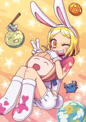  ;d ambiguous_pink_liquid animal_ear_hairband animal_ears artoria_pendragon_(fate) axe babe_(fate) bare_arms bare_shoulders blonde_hair blush bob_cut boots bull chibi earth_(planet) eyelashes fake_animal_ears fake_tail fate/grand_order fate_(series) female full_body gloves grin hairband heart holding holding_mask jack-o&#039;-lantern knees_up looking_at_viewer mask moon official_art one_eye_closed orange_background orange_eyes parted_bangs paul_bunyan_(fate) paul_bunyan_(festival_outfit)_(fate) planet planted planted_axe pumpkin rabbit_ears rabbit_tail riyo_(lyomsnpmp) saber_(fate) sharp_teeth shirt short_hair shorts sitting sleeveless smile solo star_(symbol) star_symbol_background tail teeth third-party_source white_boots white_gloves white_hairband white_shirt white_shorts 