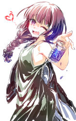  armpits beer_can blunt_bangs blush bocchi_the_rock! bow braid breasts can commentary_request cowboy_shot dress drink_can female fingerprint green_dress hair_over_shoulder hairbow hand_up heart highres hiroi_kikuri holding holding_can jacket jacket_partially_removed long_hair looking_at_viewer oerba_yun_fang one_eye_closed open_mouth purple_eyes purple_hair simple_background single_braid skin_fang sleeveless sleeveless_dress small_breasts smile solo sweat wada_chiyon white_background 