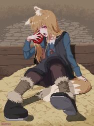  animal_ears apple baiyuu black_vest blue_shirt brown_hair english_commentary female food fruit fur-trimmed_vest fur_trim highres holding holding_food holding_fruit holo long_hair long_sleeves looking_at_viewer oerba_yun_fang open_mouth pixel_art red_eyes shirt sitting solo spice_and_wolf tail vest wolf_ears wolf_girl wolf_tail 