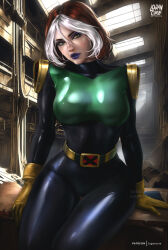  absurdres artist_name black_bodysuit bodysuit breasts brown_hair deviantart_username eyelashes eyeshadow female gloves green_bodysuit green_eyes hair_between_eyes highres logan_cure makeup marvel multicolored_bodysuit multicolored_clothes multicolored_hair on_table patreon_username purple_eyeshadow purple_lips rogue_(x-men) short_hair sitting solo table twitter_username two-tone_hair watermark white_hair x-men x-men_evolution yellow_gloves 