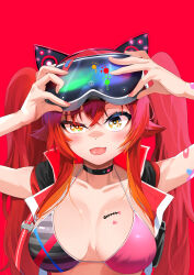  :p animal_ear_headphones animal_ears bandaid bandaid_on_arm bikini black_bikini black_cillar black_vest blush breast_tattoo breasts cat_ear_headphones collarbone crossed_bangs fake_animal_ears female fish_bone goggles goggles_on_head grey_bikini headphones heart heart_tattoo highres large_breasts long_hair looking_at_viewer multicolored_bikini multicolored_clothes multicolored_hair nekota_tsuna nekota_tsuna_(summer_c102) orange_background orange_eyes orange_hair paint_splatter pink_bikini pink_nails raised_eyebrow red_hair shippi simple_background solo streaked_hair string_bikini striped_bikini striped_clothes swimsuit tattoo tongue tongue_out twintails upper_body very_long_hair vest virtual_youtuber vspo! 