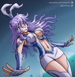  animal_hairband armor blue_eyes blue_sky breasts collarbone delphinus_yukino_(saint_seiya:_rising_cosmo) female fingerless_gloves gloves highres large_breasts long_hair navel necktie open_mouth outstretched_arms pablo_animerebo patreon_username purple_hair saint_seiya saint_seiya:_rising_cosmo sky smile solo twitter_username water 