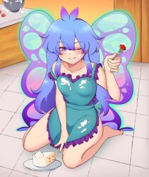  100_percent_orange_juice ahoge apron back_bow bare_legs barefoot blue_apron blue_bow blue_hair blue_wings bow breasts butterfly_wings cake collarbone cream cream_on_clothes cream_on_face english_commentary female food food_on_face fork frilled_apron frills full_body grin highres holding holding_fork indoors insect_wings kitchen long_hair looking_at_viewer naked_apron one_eye_closed plate purple_apron purple_eyes purple_wings sidelocks sitting small_breasts smile solo sweet_creator_(orange_juice) takoyan_(takoyaart) tile_floor tiles very_long_hair waist_bow wariza wings 