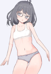  ahoge ass_visible_through_thighs black-framed_eyewear bow bow_panties bra commentary cowboy_shot crotch_seam female glasses grey_eyes grey_hair grey_panties head_tilt highres looking_at_viewer medium_hair navel open_mouth original panties polka_dot polka_dot_panties rectangular_eyewear shooko solo standing thigh_gap training_bra underwear underwear_only white_bra 