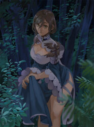  arm_belt belt black_background black_choker blue_dress breasts brown_eyes brown_hair bush cardinal_(ragnarok_online) choker cleavage cleavage_cutout clothing_cutout commentary commentary_request dated_commentary dress fake_wings feet_out_of_frame female frilled_sleeves frills golden_wings hair_between_eyes long_bangs long_sleeves looking_at_viewer medium_breasts open_mouth ragnarok_online short_hair side_slit signature skirt_hold solo standing tree two-tone_dress white_belt white_dress wings z.i 