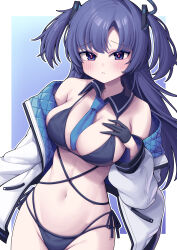  absurdres bikini bikini_under_clothes black_bikini black_gloves blue_archive blue_bow blue_bowtie blush bow bowtie breasts female gloves hand_on_own_chest highres jacket long_hair looking_at_viewer medium_breasts metaljelly navel off_shoulder open_clothes open_jacket red_pupils simple_background swimsuit twintails yuuka_(blue_archive) 