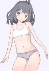  ahoge ass_visible_through_thighs bow bow_panties bra commentary cowboy_shot crotch_seam female grey_eyes grey_hair grey_panties head_tilt highres looking_at_viewer medium_hair navel open_mouth original panties polka_dot polka_dot_panties shooko solo standing thigh_gap training_bra underwear underwear_only white_bra 