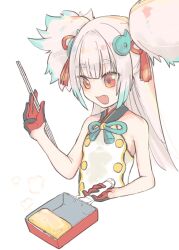  aqua_hair bare_shoulders blush buttons chopsticks commentary_request double-breasted female food frying_pan gloves hair_flaps hair_ornament half_gloves hand_up highres holding holding_chopsticks holding_frying_pan long_hair looking_down magatama_hair_ornament multicolored_hair oerba_yun_fang omelet open_mouth qpporori red_eyes shirt sleeveless smile solo steam tamagoyaki tassel tassel_hair_ornament tenka_hyakken thick_eyebrows tsuda_echizen-no-kami_sukehiro twintails two-tone_hair white_background white_hair white_shirt 