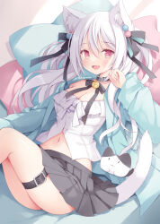  animal_ears bell black_ribbon breasts cat_ears cat_girl cat_tail cleavage female grey_skirt hair_ornament hair_ribbon hoshino_koucha jacket jingle_bell large_breasts midriff navel neck_ribbon open_clothes open_jacket open_mouth original pillow red_eyes ribbon shirt sitting skirt smile tail thigh_strap thighs white_hair white_shirt 