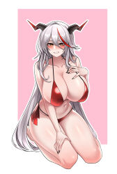  absurdres aegir_(azur_lane) alternate_costume azur_lane bikini black_horns black_nails blush breasts collarbone commentary_request demon_girl demon_horns dogs_(dlrkdejr26) female fingernails grey_hair hair_between_eyes hand_on_own_chest hand_on_own_thigh highres horns huge_breasts korean_commentary long_hair multicolored_hair nail_polish nose_blush plump red_bikini red_hair seiza sitting smile solo streaked_hair swimsuit yellow_eyes 