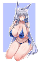  absurdres alternate_costume animal_ear_fluff animal_ears azur_lane bare_arms bare_legs bare_shoulders bikini blue_background blue_bikini blue_eyes blue_hair blush border breasts closed_mouth collarbone colored_inner_hair commentary_request dogs_(dlrkdejr26) female fox_ears fox_girl frilled_bikini frills grey_hair highres huge_breasts korean_commentary multicolored_hair nose_blush plump seiza shinano_(azur_lane) sitting solo swimsuit white_border 